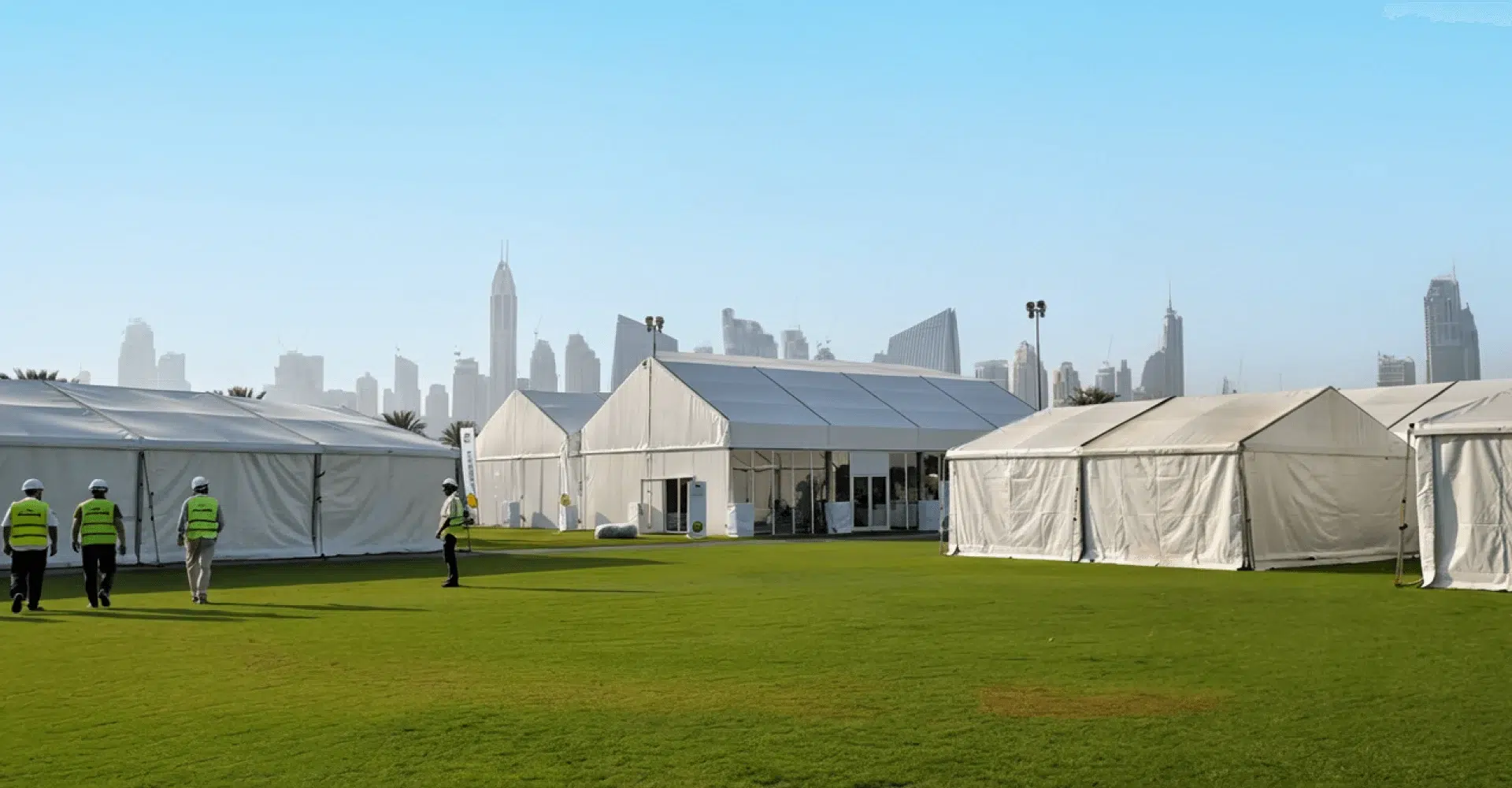 Large white tent structures with the Dubai skyline behind them